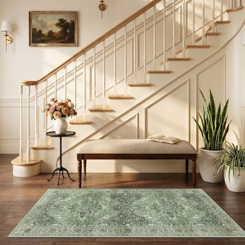 RELEANY Washable Area Rug, Runner 2'6"x5', Green/Dark Green/Gray - Image 2
