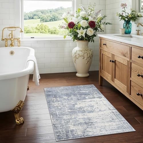 Washable 2x3 Entryway Area Rug: Modern Abstract Neutral Kitchen Rug Vintage Soft Floor Mat for Stove & Sink Area Non-Slip Indoor Farmhouse Carpet for Bathroom Bedroom Boho Beside Rug(2x3,Blue/Ivory) - Image 4