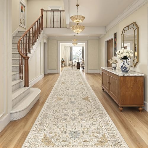 Madane Hallway Runner Rug 3x20 Washable Kitchen Runners 20ft, Beige/Blue by Madane