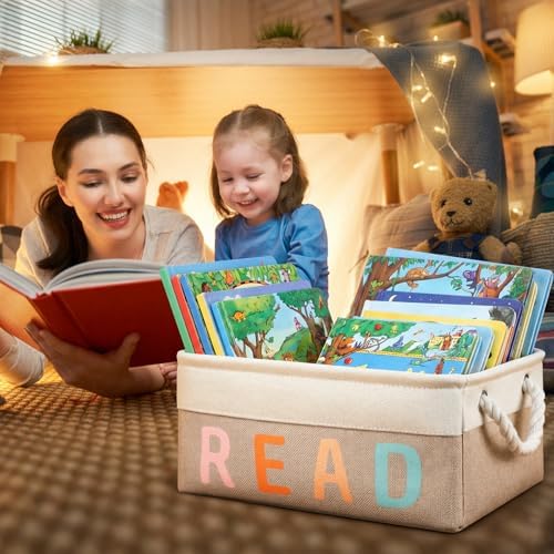 Marsui 1 Pcs Book Storage Basket, Book Bin, Bookish Gifts, White Brown - Image 4