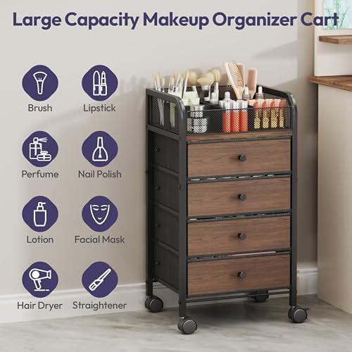 SWTYMIKI Rolling Makeup Organizer Cart - 14.96″*11.81″*27.55″ Widened Under Desk Vanity Storage with 4 Non-woven Drawers, Cosmetic Display Cases for Skin Care Perfume Nail Polish Brush Hair Tool Black - Image 4