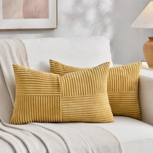 Fancy Homi 2 Packs Mustard Yellow Long Lumbar Decorative Throw Pillow Covers 16x24 Inch for Couch Bed, Rustic Farmhouse Boho Home Decor, Soft Striped Corduroy Rectangle Accent Cushion Case 40x60 cm by Fancy+Homi