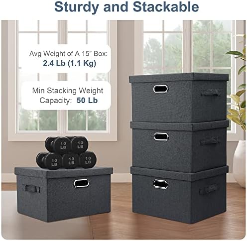 Graciadeco Medium 15" 21 Quart Collapsible Stackable Storage Bins with Lids, 5 Packs Dark Gray Foldable Fabric Closet Storage Boxes with Lids, Lidded Heavy-duty Linen Baskets(15x11x8) - Image 3