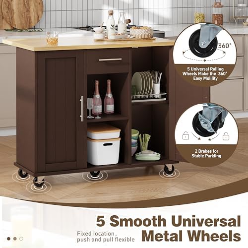Shintenchi Kitchen Island with Storage, Bar Cart Cabinet Island Table on Wheels, Rolling Microwave Cart for Kitchen with Drop Leaf, Drawers, Towel Rack, Seating Area for Dining Room, Brown - Image 6