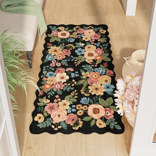DUKINO 2x4 Rug for Entryway, Floral Washable Kitchen Rugs Non Slip, Black by DUKINO