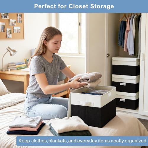 Bagnizer Large 22 Quart Linen Fabric Foldable Storage Bin Cube Organizer Basket with Flip-Top Lid & Handles, Clothes Blanket Box for Home, Office, Closet, Black & White, 4 Pack 14.6 x 9.5 x 9.5 - Image 3
