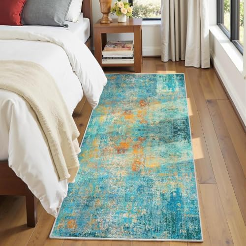 RELEANY Washable Runner 2'x6' Abstract Area Rug for Hallway Teal Multi by RELEANY