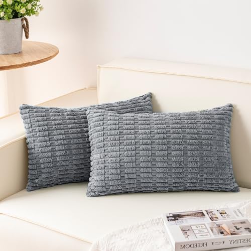 Pack of 2 Corduroy Decorative Throw Pillow Covers 12x20 Inch, Light Grey by Unknown