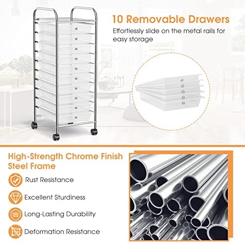 MEDIMALL 10 Drawers Rolling Storage Cart, Multipurpose Craft Storage Cart with Wheels, Mobile Tools Scrapbook Paper Organizer Cart for Office School Home Use (Clear) - Image 5