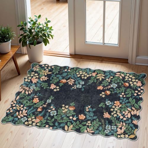 Front Door Mat Indoor Outside Entrance - 2x3 Dark Navy Floral Rug by Othilic