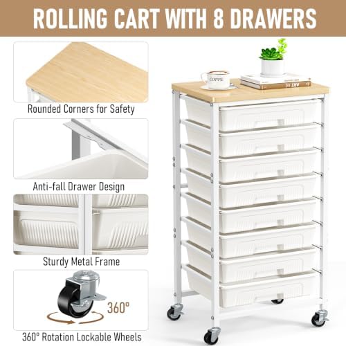 caktraie 8-Drawers Rolling Cart, Craft Storage Utility Cart, Beige White - Image 4