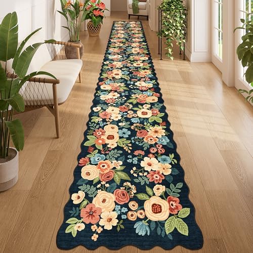 DUKINO 2x14 Hallway Runner Rug, Floral Washable Kitchen Rug, Navy Blue by DUKINO