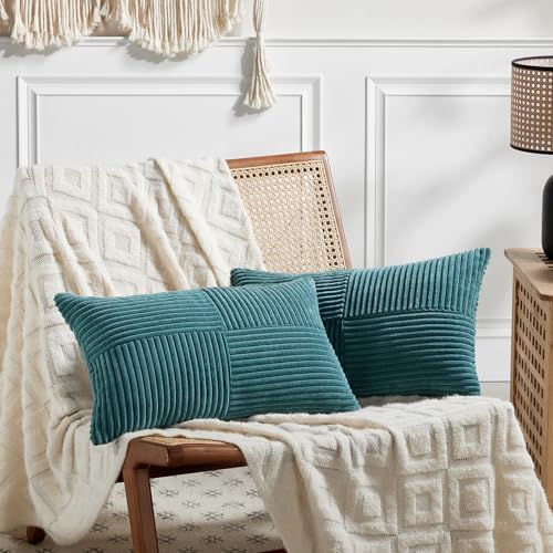 Fancy Homi 2 Packs Teal Lumbar Decorative Throw Pillow Covers 16x32 Inch for Living Room Couch Bed Sofa, Rustic Farmhouse Boho Home Decor, Soft Striped Corduroy Rectangle Accent Cushion Case 40x80 cm by Fancy+Homi