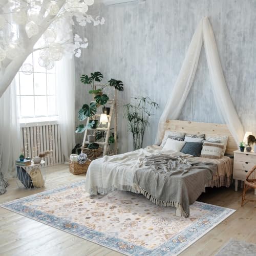 Hanples 6x9 Area Rugs for Living Room, Washable Rug Vintage Floral, Blue - Image 2