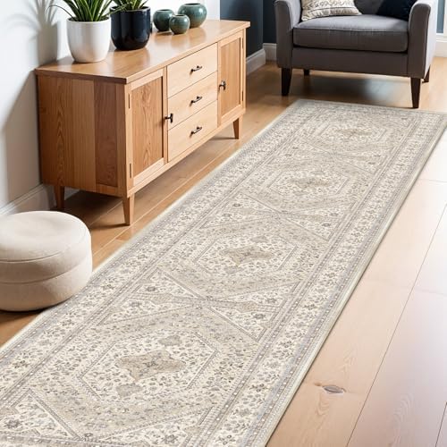 3x12 Washable Hallway Runner Rug - Non-Slip Vintage Kitchen Rugs Beige Gray - Image 3
