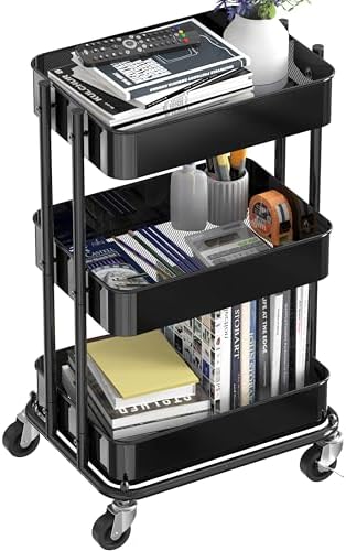 Simple Houseware 3-Tier Utility Cart, Low 24" Height Fits Under Desk, Black - Image 4
