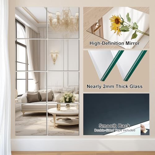 Vlush Home Gym Mirror Tiles 11'' x 11'' x 12PCS Adhesive Full Body & Full Length Mirror Wall Mounted Mirrors Decorative for Home Gym, Door, Bedroom & Bathroom - Image 6
