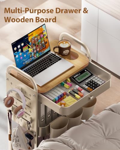 ALVOROG 3 Tier Metal Rolling Cart with Drawer,Wood Top,Pegboards,Khaki - Image 3