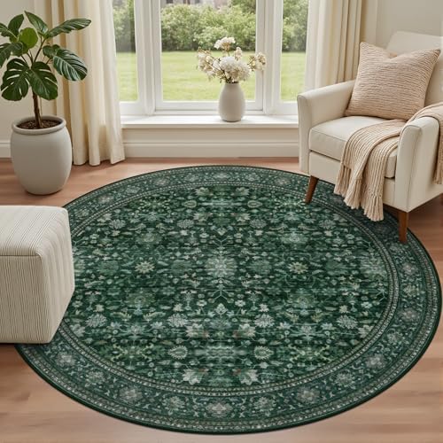 Round Area Rug for Living Room: 8ft Boho Washable Rug Deep Green - Image 2