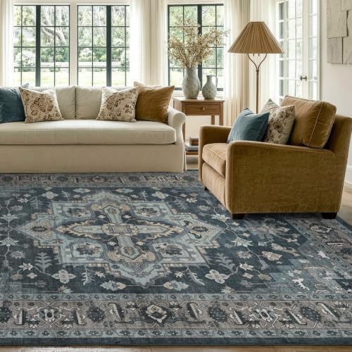9x12 Ft Extra Large Area Rugs for Living Room, Soft Non-Slip Machine Washable Rug, Vintage Stain Resistant Carpets for Bedroom Nursery Dining Room Home Decor (Blue) - Image 3