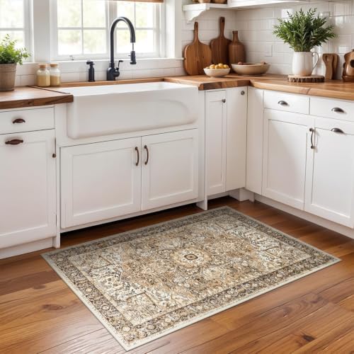 Hanples 2x3 Washable Rugs for Entryway, Vintage Floral Door Mat, Beige - Image 3