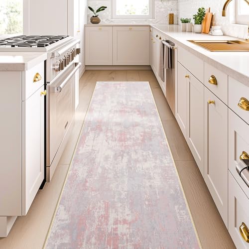 RELEANY Washable Runner 2'x10' Abstract Area Rug for Hallway Gray Pink - Image 3