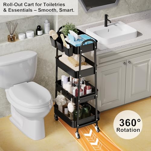Black 4 Tier Rolling Cart Metal with Lockable Wheels, Four Tiered,38in Tall - Image 7