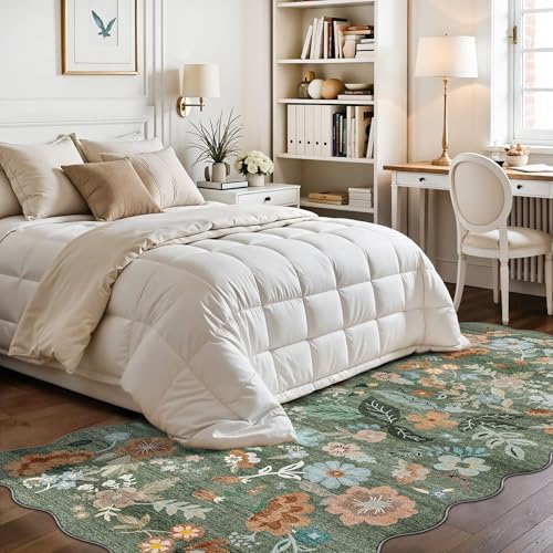 4x8 Washable Area Rug for Family: Stain Resistant Wide Floral Scalloped Kitchen Rug Soft Carpet for Entryway Bathroom Bedroom Farmhouse Living Room Floor Mat with Non Slip Backing(4x8, Floral/Green) - Image 4