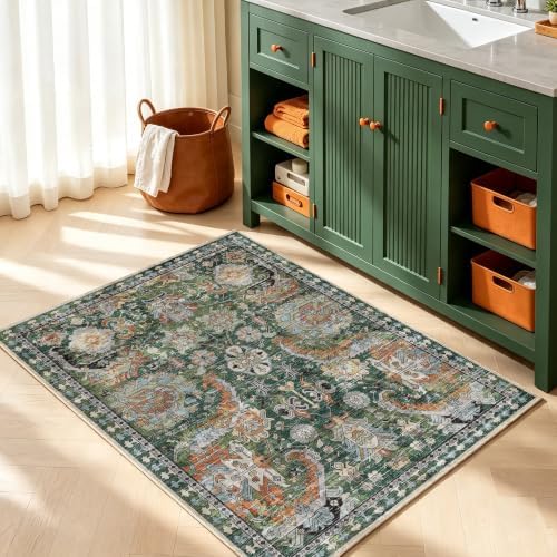 RUGSURE Washable Area Rugs - Perfect for Living Room, Bedroom, Kids Room, Nursery - Stain & Water Resistant Non-Slip, Pet & Child Friendly, Vintage Tribal Area Rugs (Green, 3' x 5 ') by RUGSURE