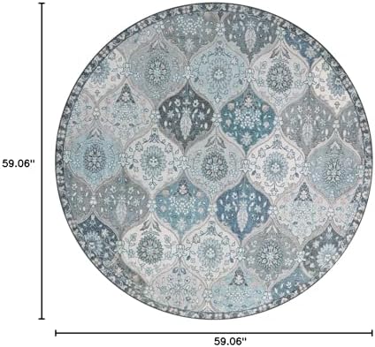 Lahome Moroccan Trellis Round Rug, 5ft, Blue, Faux Wool, Machine Wash, Non-Slip Backing, Low Pile, Floral Pattern, Area Rug for Bedroom, Living Room, Bathroom - Image 2