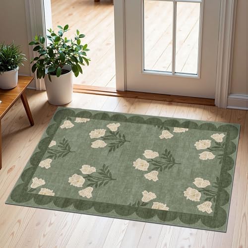 Front Door Mat Outside Entrance - 2x3 Sage Green Floral Entry Rug by Othilic