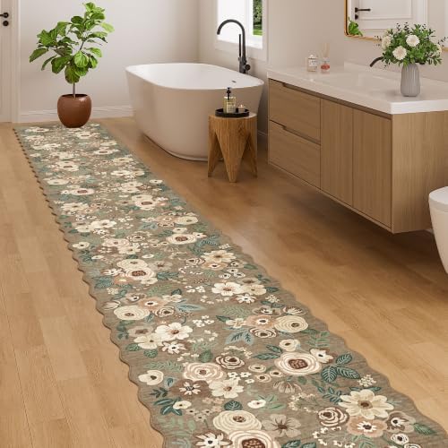 DUKINO 2x14 Hallway Runner Rug, Floral Washable Kitchen Rug, Light Taupe - Image 3