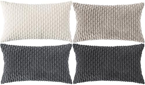 Set of 4 Grey White Taupe Decorative Throw Pillow Covers 12x20 Inch Corduroy Pillow Covers for Bed Couch Sofa Living Room Soft Cushion Cases by Cozoomy