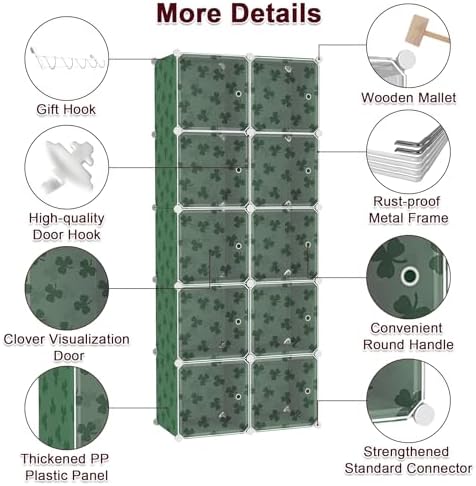 C&AHOME Clover Embossed Storage Organizer with Doors 10-Cube Shelf Green - Image 7