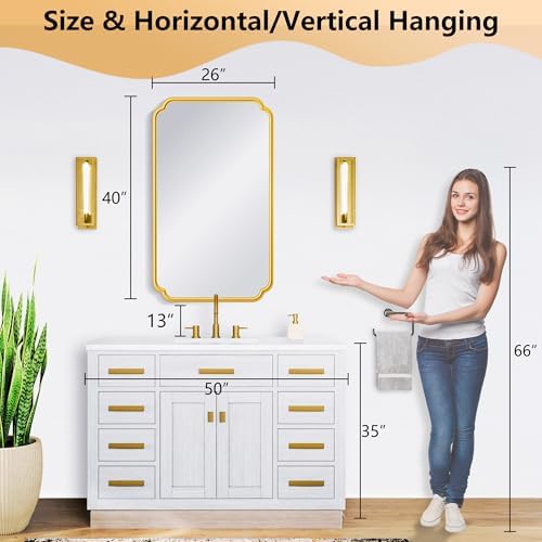 Ferytange 26"x40" Rustproof Bathroom Mirror Gold, Round Corner Metal Frame Wall Mirror, Horizontal/Vertical Hanging Over Sink, Bedroom Bathroom Decor - Image 4