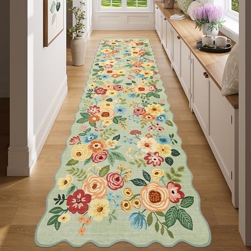 DUKINO 2x8 Washable Runner Rug, Floral Non Slip Kitchen Runner Rug, Green by DUKINO