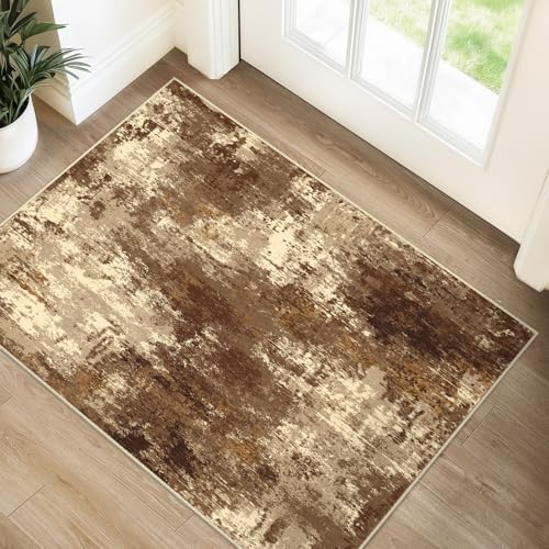 RELEANY Washable 2'x3' Abstract Area Rug for Living Room Brown Tan by RELEANY