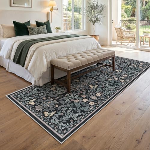 Puino 3x7 Washable Runner Rug - Non Slip Small Rugs Floral Dark Blue - Image 5
