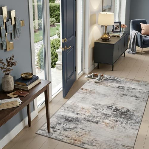 Toneed 3x5 Washable Non Slip Area Rugs for Bedroom Living Room, Grey/Brown by Toneed