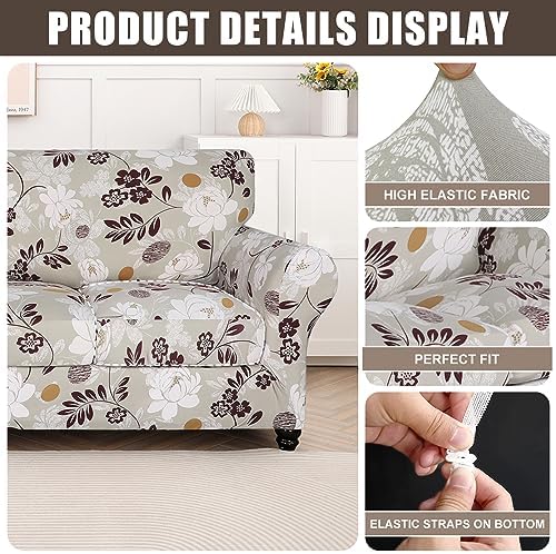 SearchI Stretch Sofa Cover Printed Couch Covers, Floral Pattern 2 Piece Armchair Slipcover with Separate Chair Cushion Cover, Washable Furniture Protector for Living Room(Armchair, Brown Flowers) - Image 2