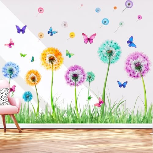 Colorful Floral Flower Dandelion Butterfly Wall Decals Stickers Decor Art | Removable butterflies spring grass wall decor stickers mural - nature art for living room bedroom nursery kids room classroom - Image 5