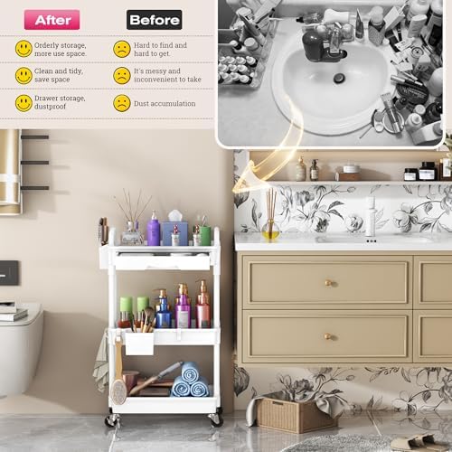 Goovilla Rolling Makeup Organizer Cart with Removable Drawer, 3 Tier White - Image 7