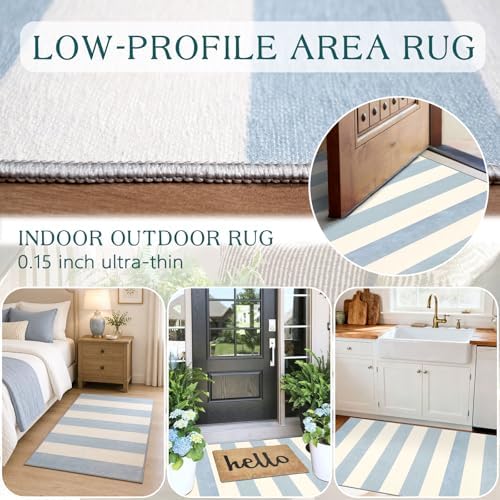 Blue White Striped Outdoor Rug - 28" x 43" Front Door Mat Indoor Outside Entrance Non-Slip Washable Summer Welcome Mat for Front Door Coastal Rug for Entryway Kitchen Bedroom Porch Decor - Image 5