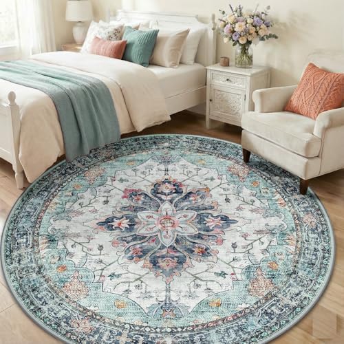 RELEANY Washable Area Rug, Round 6ft, Teal Green/White/Navy - Image 3