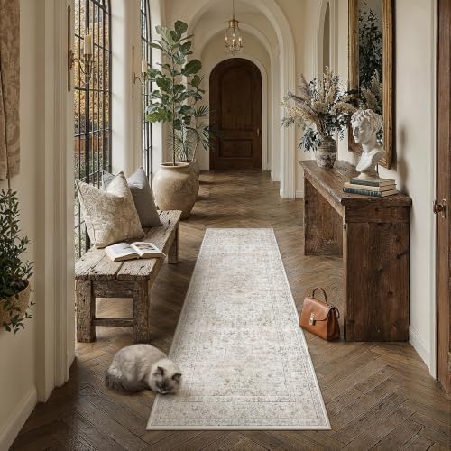 2x6 Washable Runner Rug Beige Grey Non Slip Vintage Carpet - Image 3