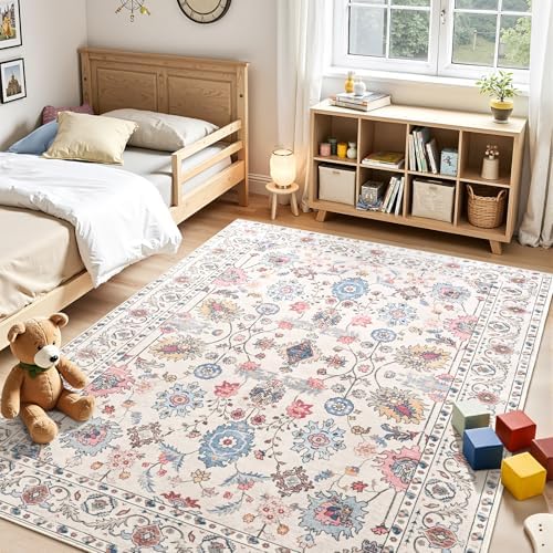 Hanples 4x6 Area Rugs for Living Room, Washable Rug Vintage Floral, Beige - Image 3