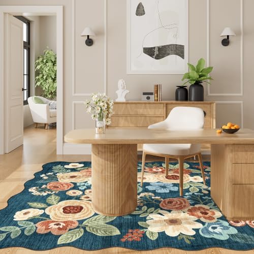 DUKINO 4x6 Area Rug, Non Slip Floral Washable Living Room Rug Prussian Blue - Image 5