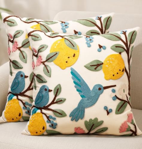 Embroidered Throw Pillow Covers 18x18 Inch, 2Pack, Bird Lemon by Kokaaee