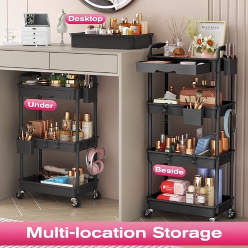Goovilla Rolling Makeup Organizer Cart with Removable Drawer, 3 Tier Black - Image 6