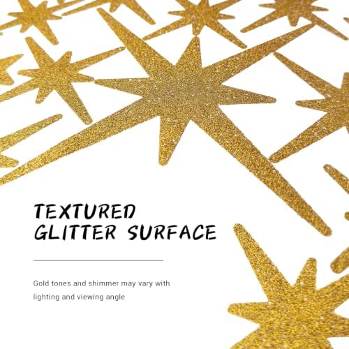 120 Pcs Glitter Gold Star Wall Decals | Retro Starburst Decor, Assorted Shapes & Sizes, Peel and Stick - Image 3